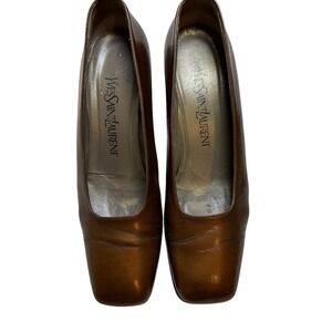 Yves‎ Saint Laurent Bronze Leather Square­Toe Block-Heel Pumps Made Italy US 6.5